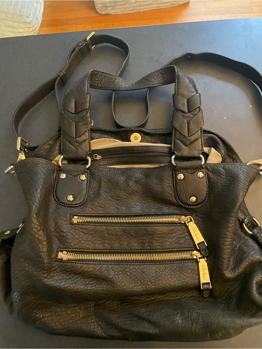 Cole Haan Black Pebbled Leather Crossbody Bag with Gold Hardware